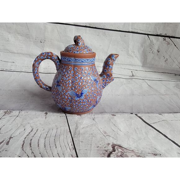 VTG Terra Cotta Clay Handmade Chinese Enamel Blue Butterflies Yixing Teapot 5 In - Picture 1 of 11